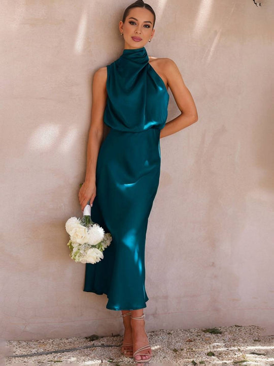 EB | Lange Satin Brautjungfernkleid Unregelmäßiger Rollkragen Halsband Ärmless Elegant Abendkleid für Hochzeit