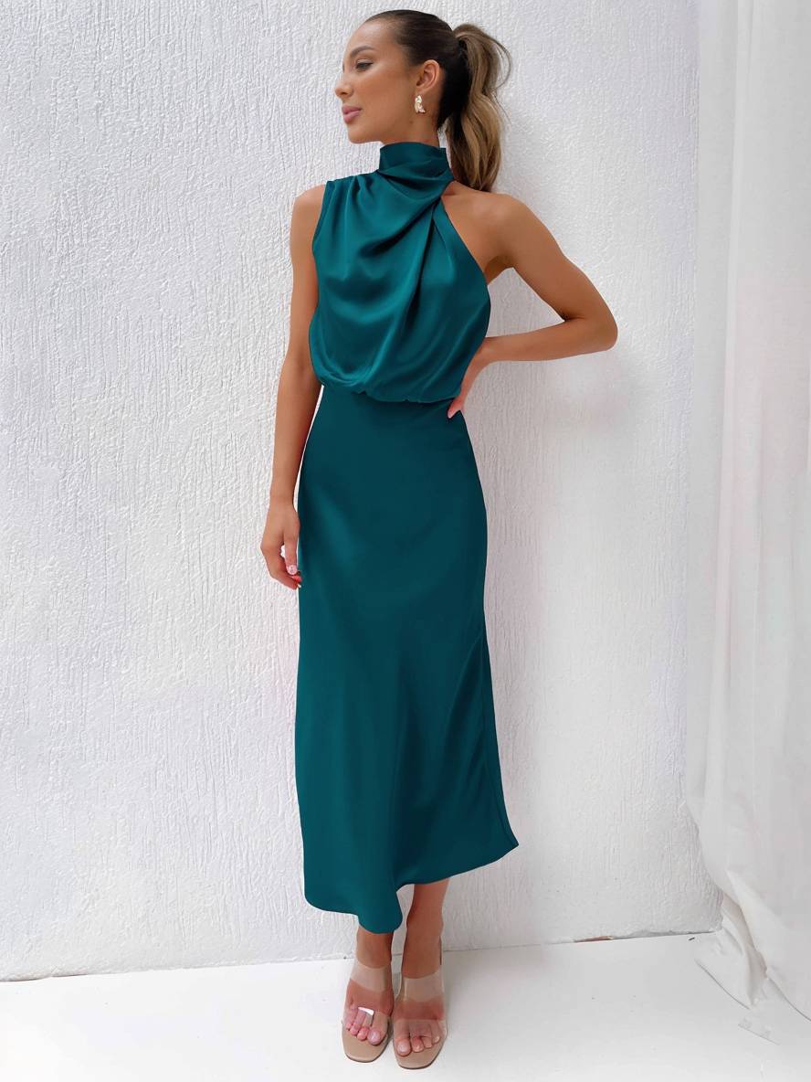EB | Lange Satin Brautjungfernkleid Unregelmäßiger Rollkragen Halsband Ärmless Elegant Abendkleid für Hochzeit