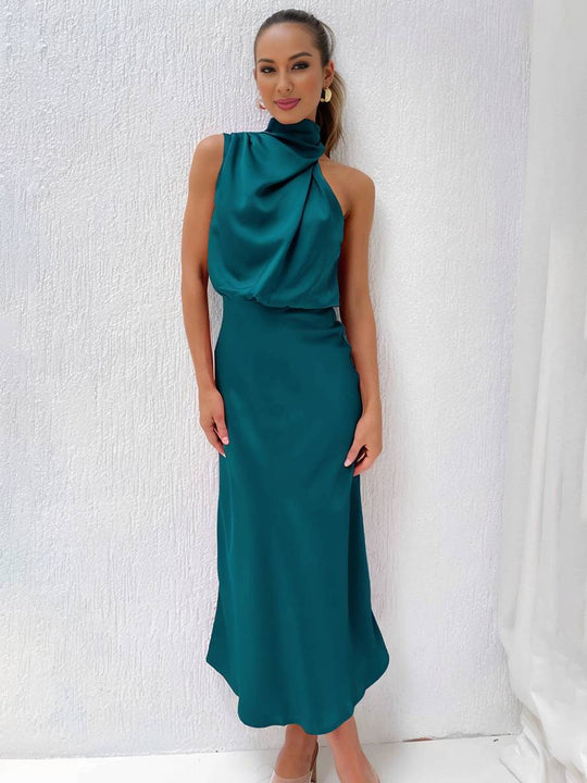 EB | Lange Satin Brautjungfernkleid Unregelmäßiger Rollkragen Halsband Ärmless Elegant Abendkleid für Hochzeit