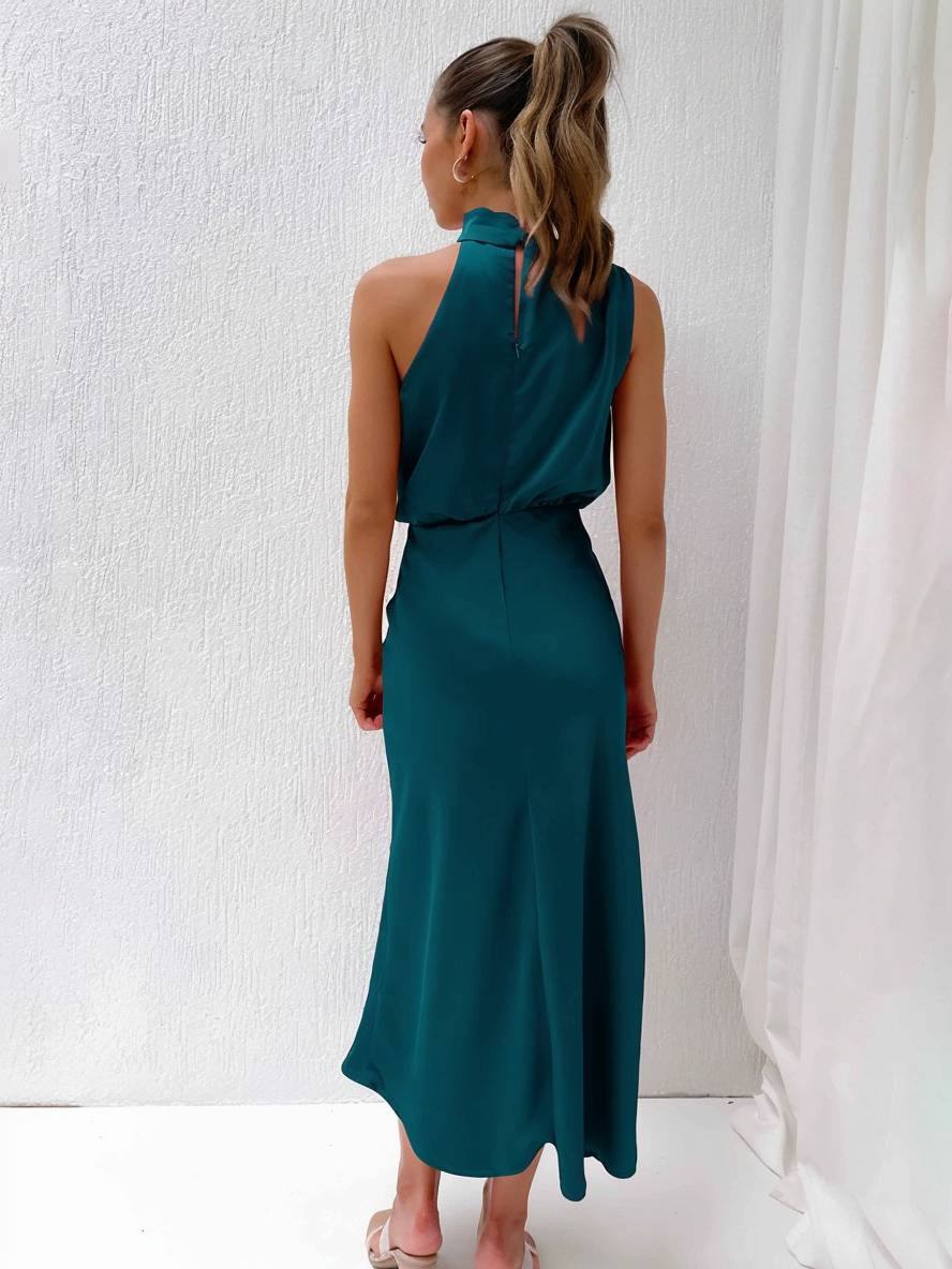 EB | Lange Satin Brautjungfernkleid Unregelmäßiger Rollkragen Halsband Ärmless Elegant Abendkleid für Hochzeit