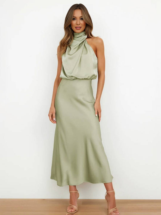 EB | Lange Satin Brautjungfernkleid Unregelmäßiger Rollkragen Halsband Ärmless Elegant Abendkleid für Hochzeit