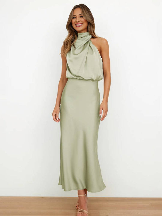 EB | Lange Satin Brautjungfernkleid Unregelmäßiger Rollkragen Halsband Ärmless Elegant Abendkleid für Hochzeit