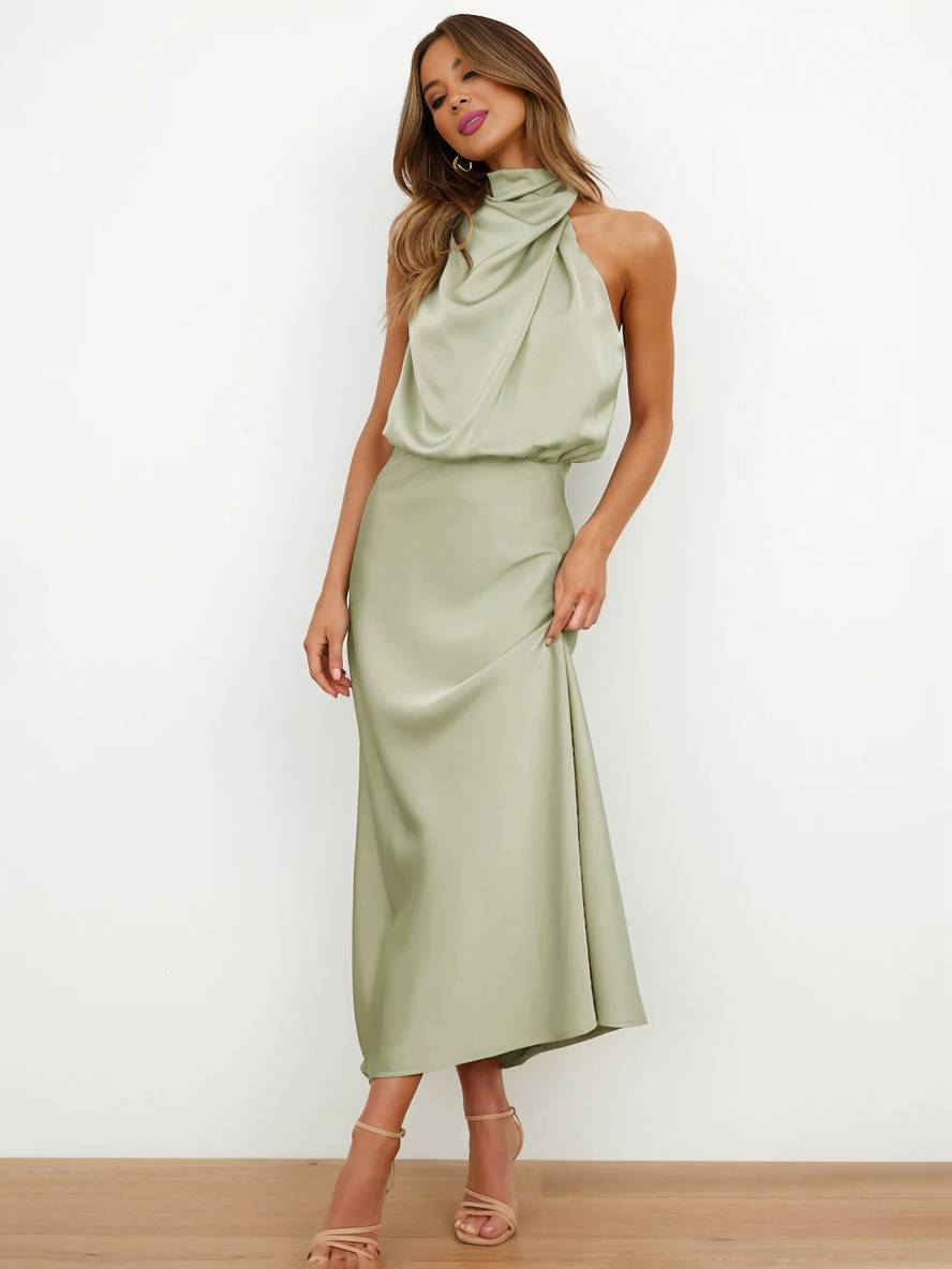 EB | Lange Satin Brautjungfernkleid Unregelmäßiger Rollkragen Halsband Ärmless Elegant Abendkleid für Hochzeit