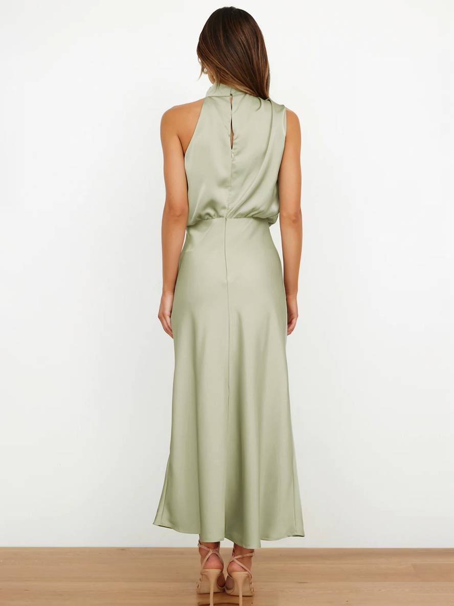 EB | Lange Satin Brautjungfernkleid Unregelmäßiger Rollkragen Halsband Ärmless Elegant Abendkleid für Hochzeit
