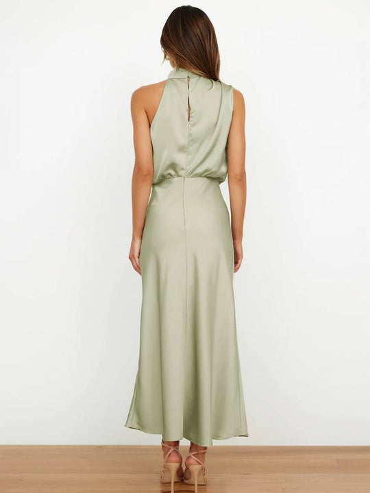 EB | Lange Satin Brautjungfernkleid Unregelmäßiger Rollkragen Halsband Ärmless Elegant Abendkleid für Hochzeit