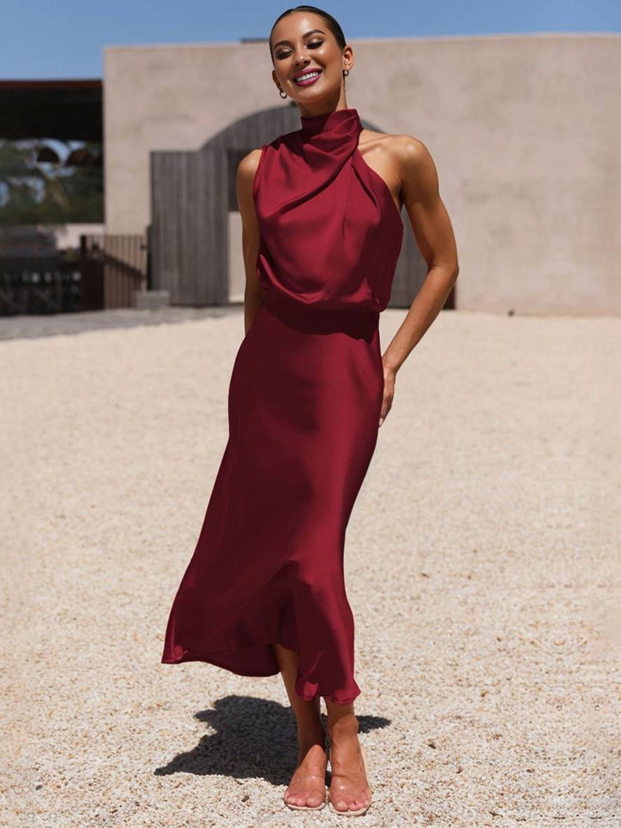 EB | Lange Satin Brautjungfernkleid Unregelmäßiger Rollkragen Halsband Ärmless Elegant Abendkleid für Hochzeit