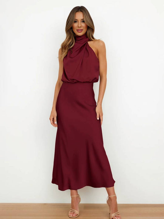 EB | Lange Satin Brautjungfernkleid Unregelmäßiger Rollkragen Halsband Ärmless Elegant Abendkleid für Hochzeit