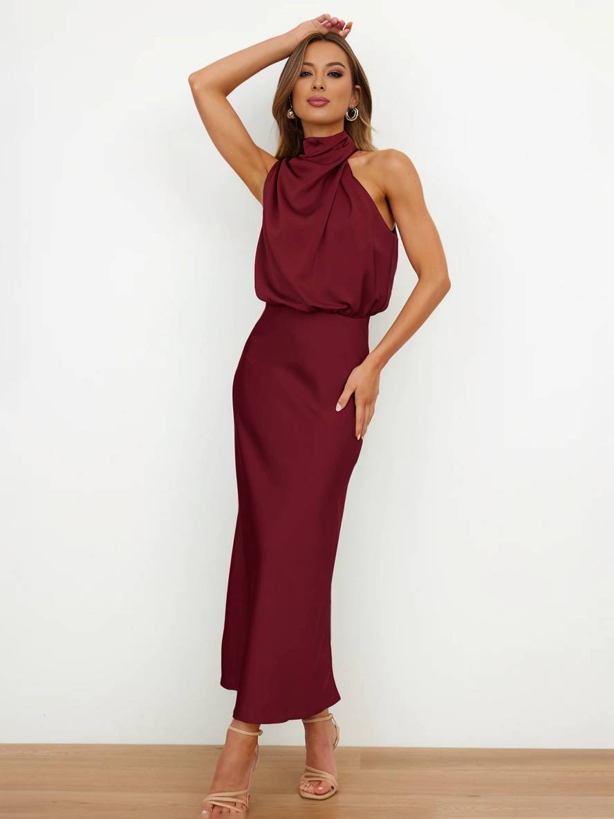 EB | Lange Satin Brautjungfernkleid Unregelmäßiger Rollkragen Halsband Ärmless Elegant Abendkleid für Hochzeit