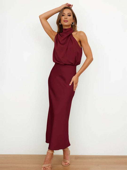 EB | Lange Satin Brautjungfernkleid Unregelmäßiger Rollkragen Halsband Ärmless Elegant Abendkleid für Hochzeit