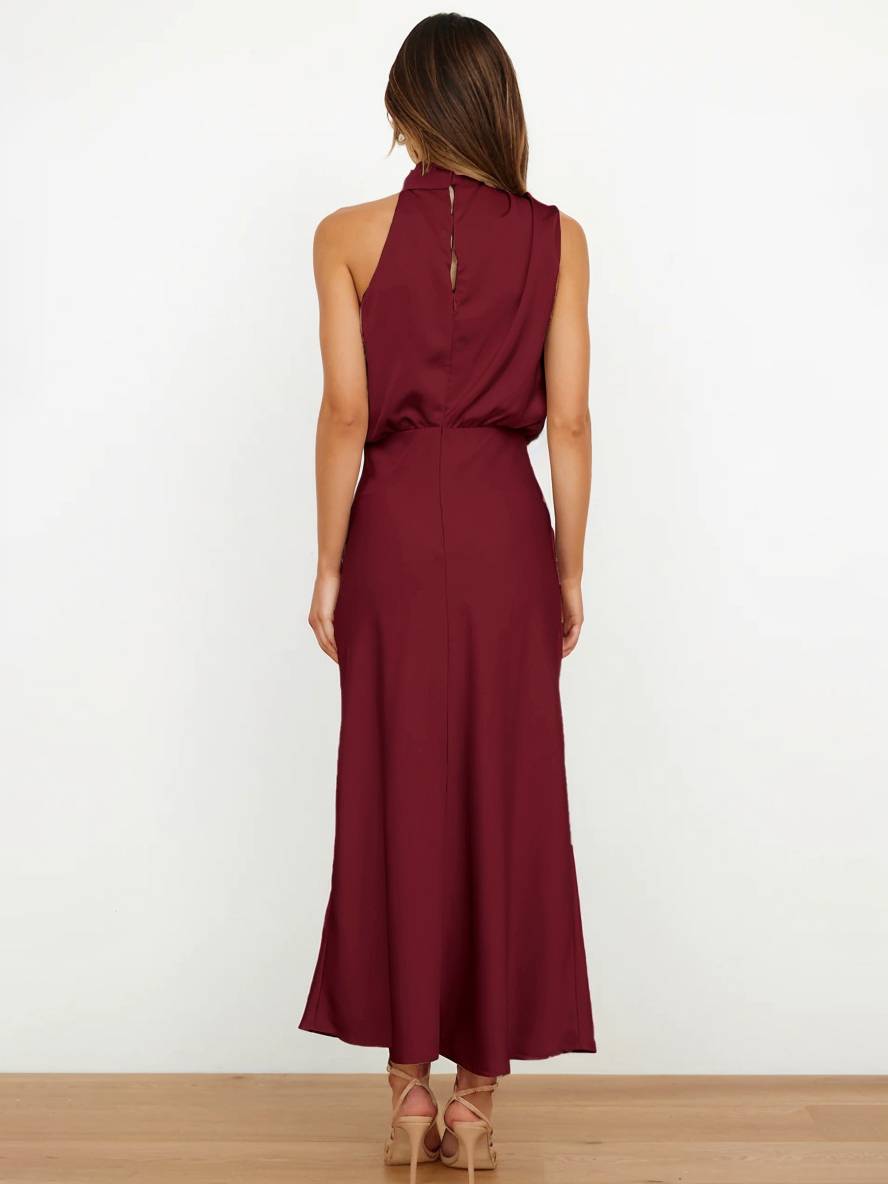 EB | Lange Satin Brautjungfernkleid Unregelmäßiger Rollkragen Halsband Ärmless Elegant Abendkleid für Hochzeit