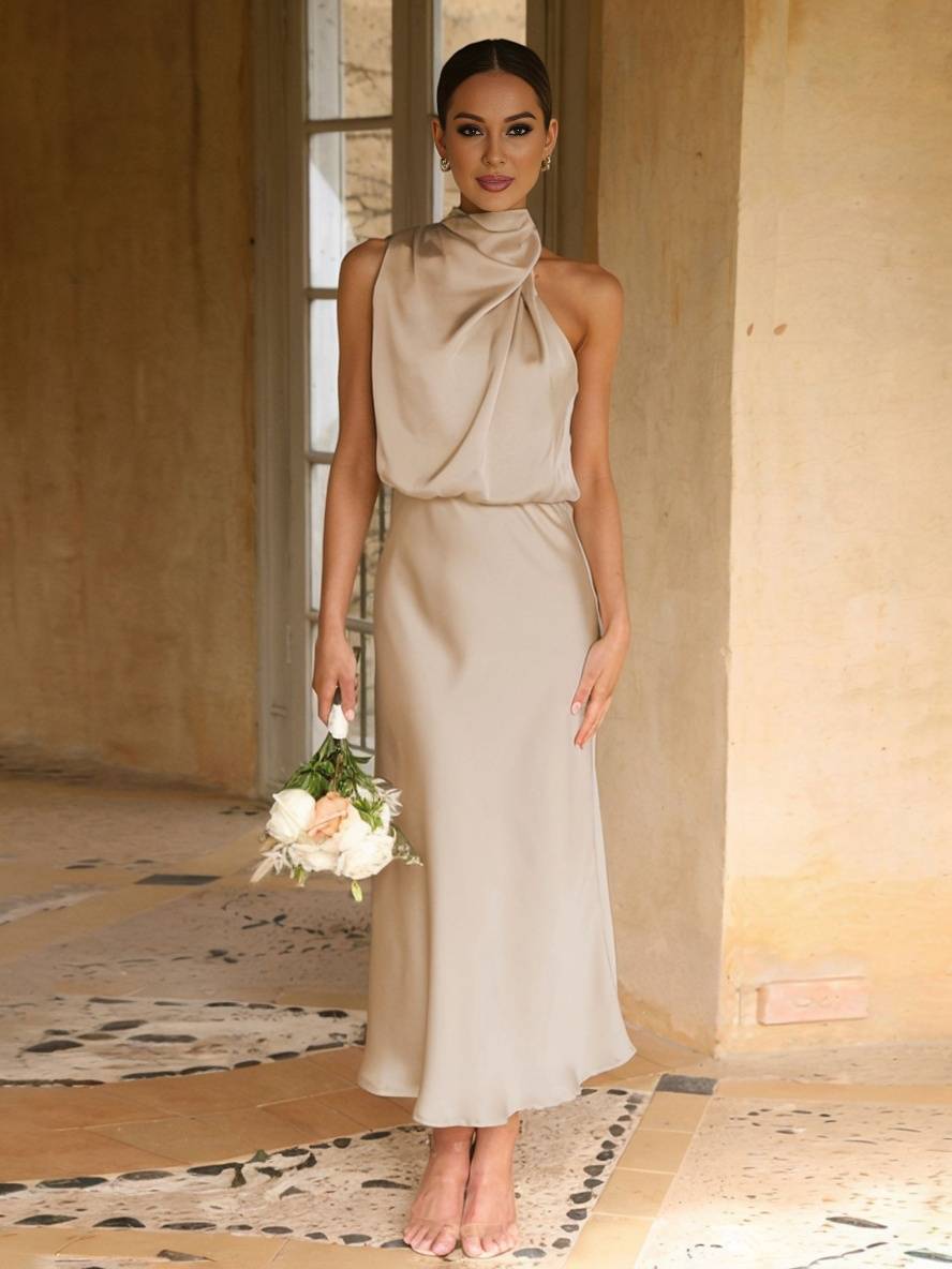 EB | Lange Satin Brautjungfernkleid Unregelmäßiger Rollkragen Halsband Ärmless Elegant Abendkleid für Hochzeit