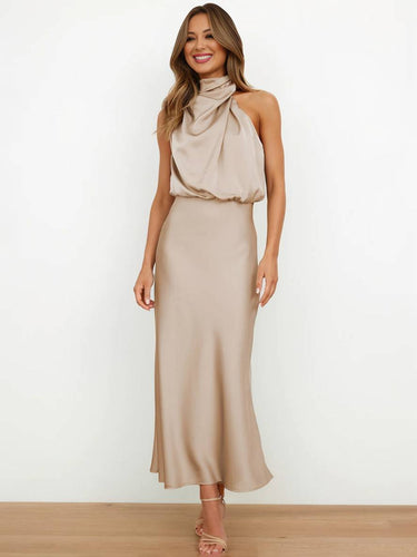 EB | Lange Satin Brautjungfernkleid Unregelmäßiger Rollkragen Halsband Ärmless Elegant Abendkleid für Hochzeit