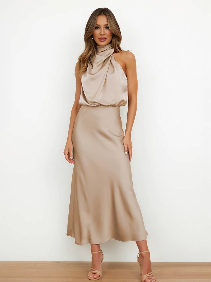 EB | Lange Satin Brautjungfernkleid Unregelmäßiger Rollkragen Halsband Ärmless Elegant Abendkleid für Hochzeit