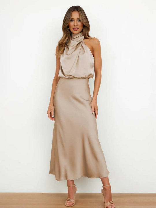 EB | Lange Satin Brautjungfernkleid Unregelmäßiger Rollkragen Halsband Ärmless Elegant Abendkleid für Hochzeit