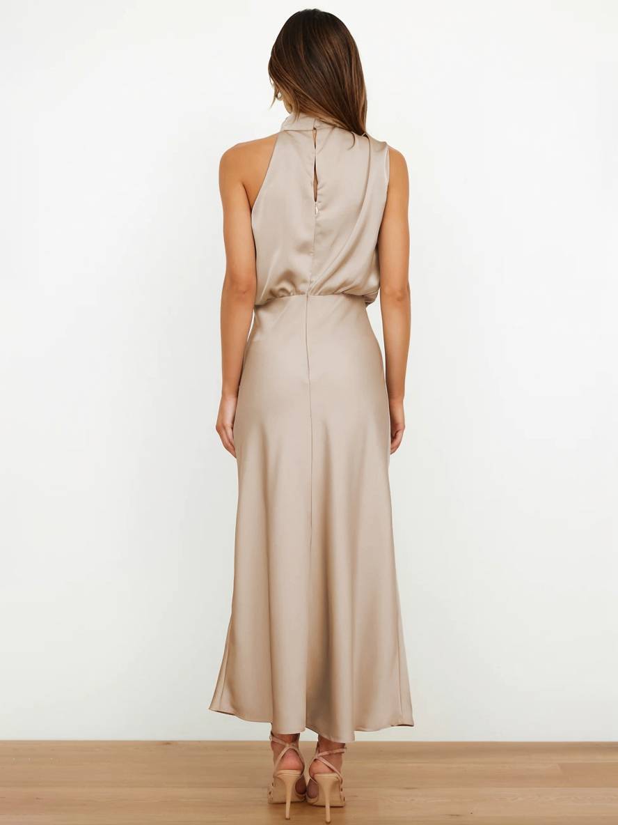 EB | Lange Satin Brautjungfernkleid Unregelmäßiger Rollkragen Halsband Ärmless Elegant Abendkleid für Hochzeit
