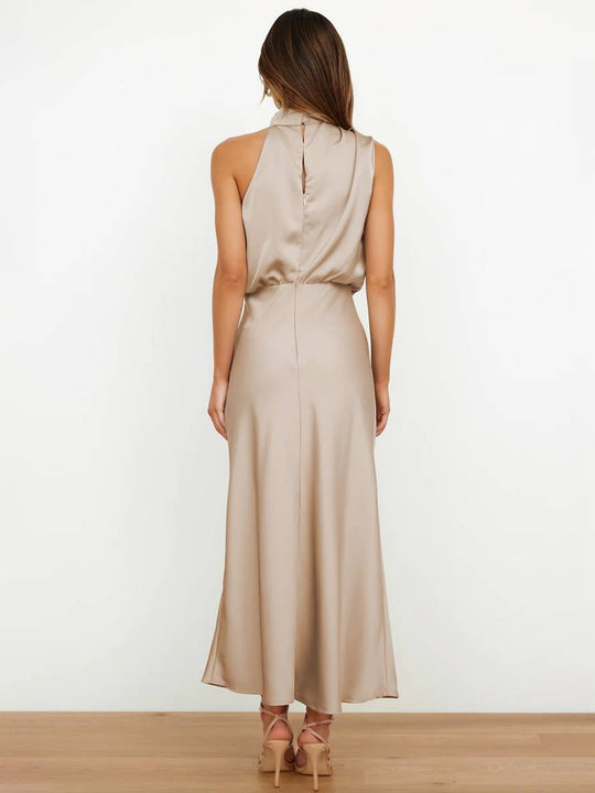 EB | Lange Satin Brautjungfernkleid Unregelmäßiger Rollkragen Halsband Ärmless Elegant Abendkleid für Hochzeit