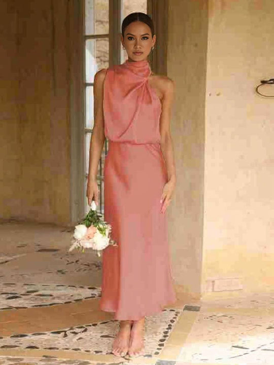 EB | Lange Satin Brautjungfernkleid Unregelmäßiger Rollkragen Halsband Ärmless Elegant Abendkleid für Hochzeit