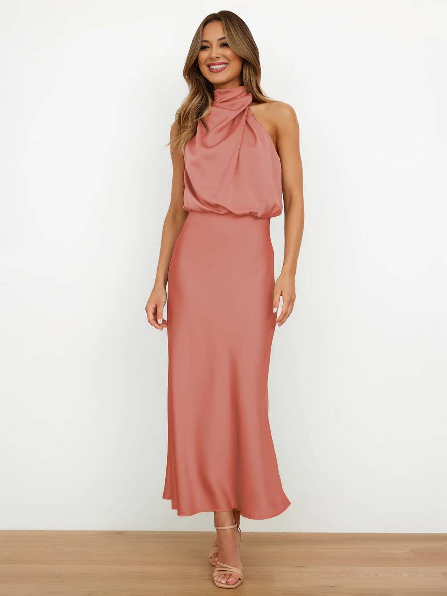 EB | Lange Satin Brautjungfernkleid Unregelmäßiger Rollkragen Halsband Ärmless Elegant Abendkleid für Hochzeit