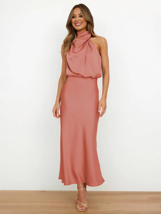 EB | Lange Satin Brautjungfernkleid Unregelmäßiger Rollkragen Halsband Ärmless Elegant Abendkleid für Hochzeit