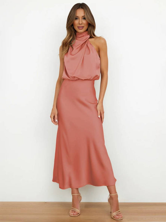 EB | Lange Satin Brautjungfernkleid Unregelmäßiger Rollkragen Halsband Ärmless Elegant Abendkleid für Hochzeit