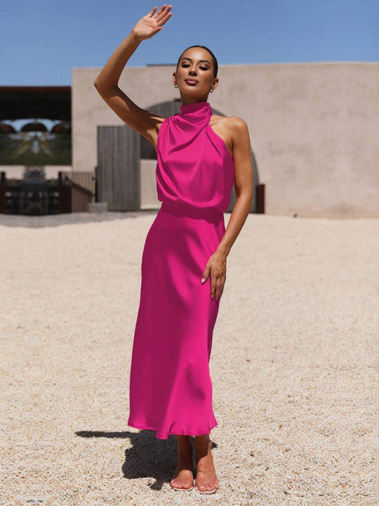EB | Lange Satin Brautjungfernkleid Unregelmäßiger Rollkragen Halsband Ärmless Elegant Abendkleid für Hochzeit