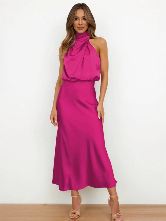 EB | Lange Satin Brautjungfernkleid Unregelmäßiger Rollkragen Halsband Ärmless Elegant Abendkleid für Hochzeit