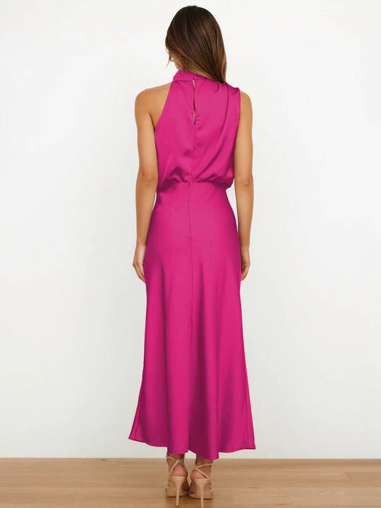 EB | Lange Satin Brautjungfernkleid Unregelmäßiger Rollkragen Halsband Ärmless Elegant Abendkleid für Hochzeit