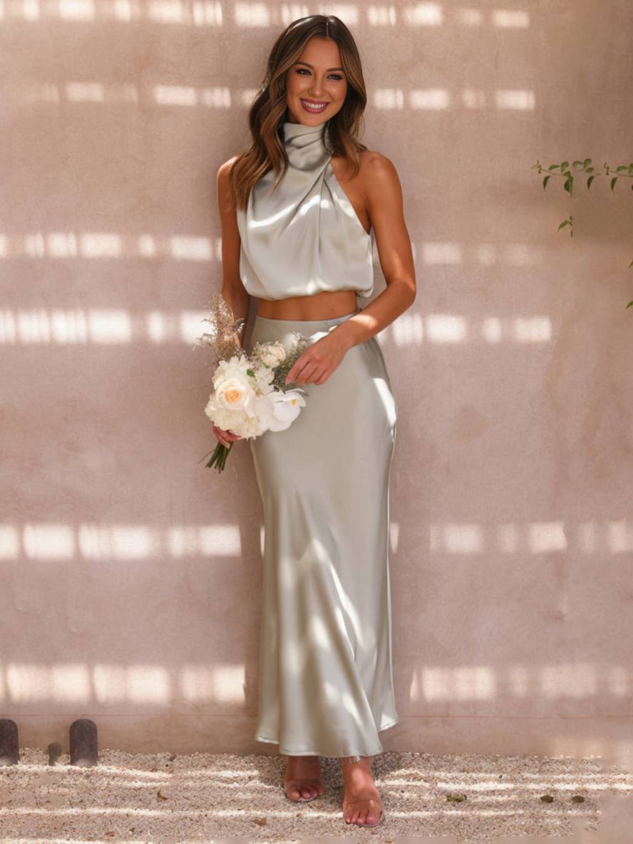 EB | Kleid Gäste Hochzeit Damen Halter Ärmellos Damen Elegante Abend Zweiteilige Brautjungfernkleid