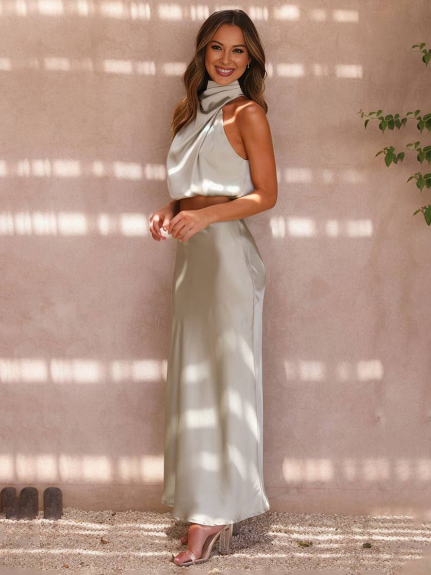 EB | Kleid Gäste Hochzeit Damen Halter Ärmellos Damen Elegante Abend Zweiteilige Brautjungfernkleid