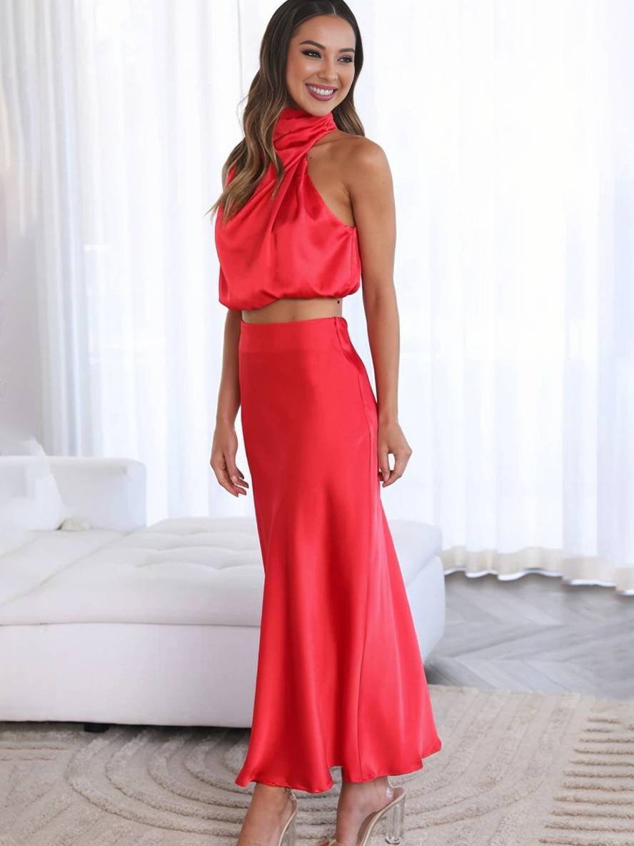EB | Kleid Gäste Hochzeit Damen Halter Ärmellos Damen Elegante Abend Zweiteilige Brautjungfernkleid