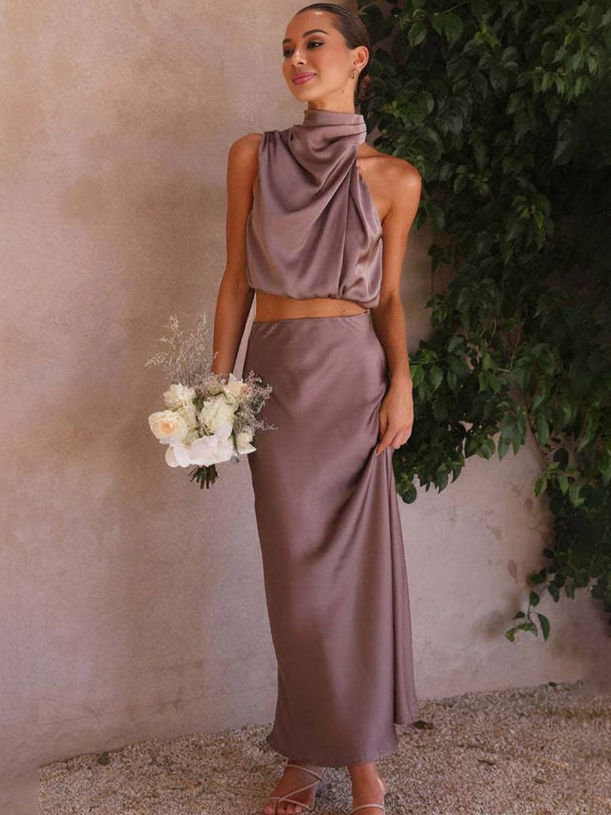 EB | Kleid Gäste Hochzeit Damen Halter Ärmellos Damen Elegante Abend Zweiteilige Brautjungfernkleid