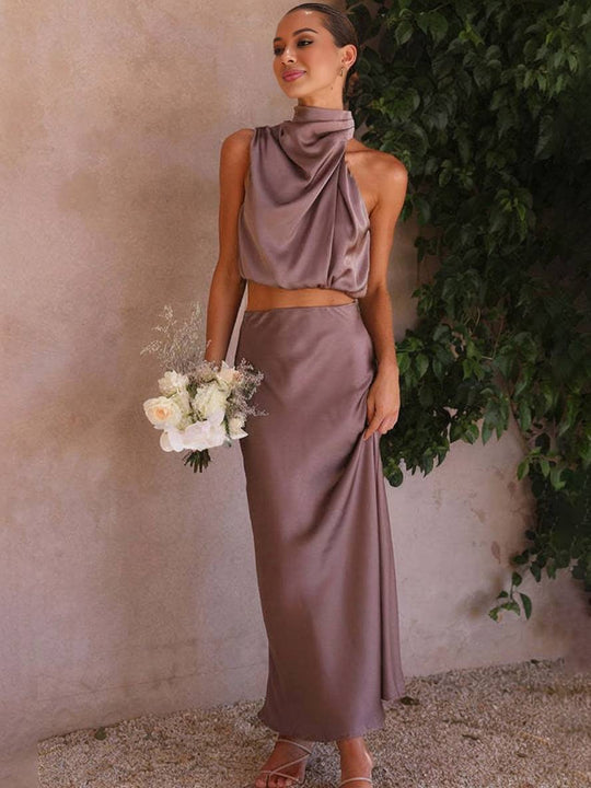 EB | Kleid Gäste Hochzeit Damen Halter Ärmellos Damen Elegante Abend Zweiteilige Brautjungfernkleid