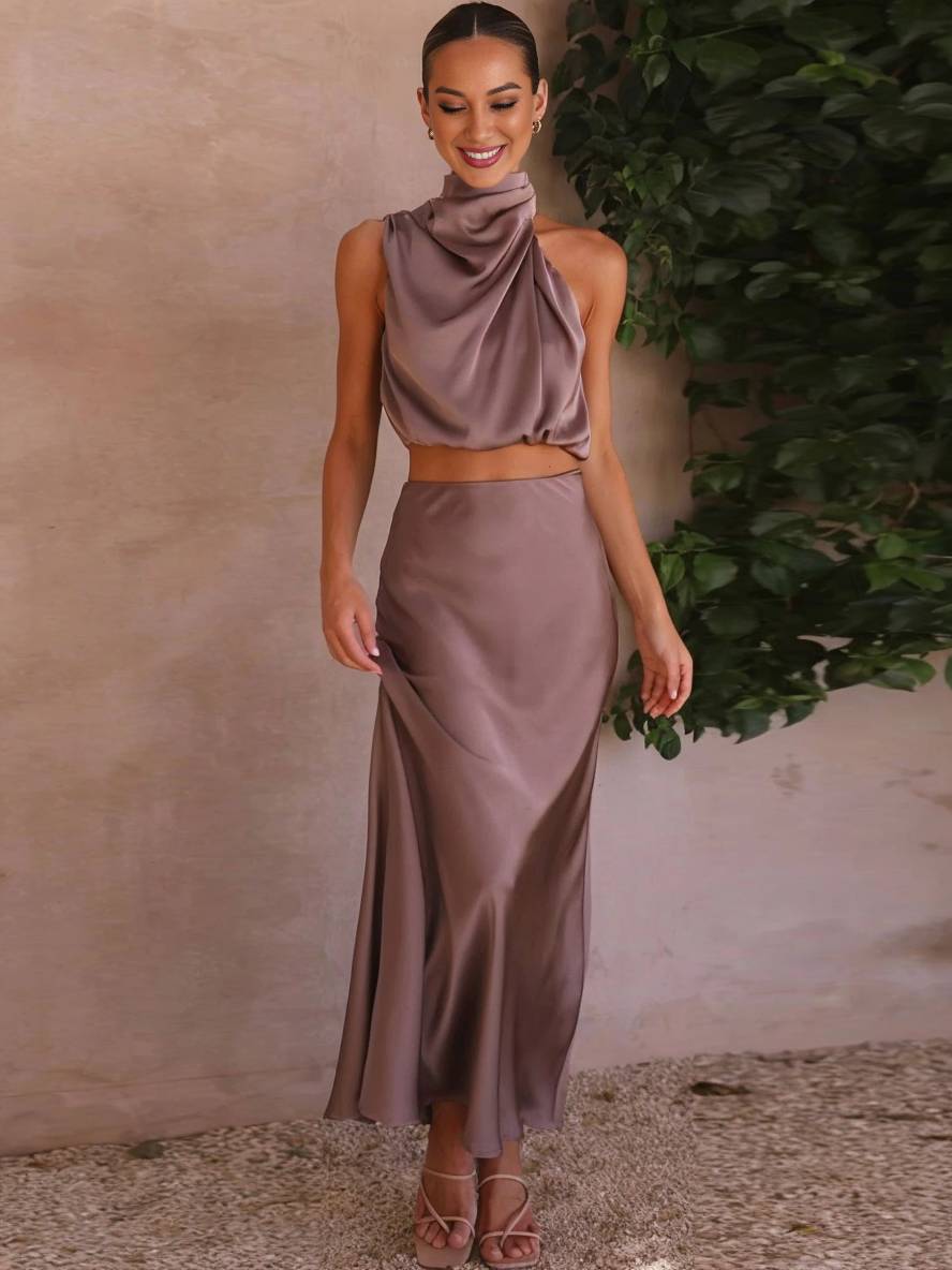 EB | Kleid Gäste Hochzeit Damen Halter Ärmellos Damen Elegante Abend Zweiteilige Brautjungfernkleid