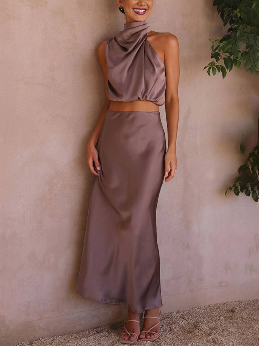 EB | Kleid Gäste Hochzeit Damen Halter Ärmellos Damen Elegante Abend Zweiteilige Brautjungfernkleid