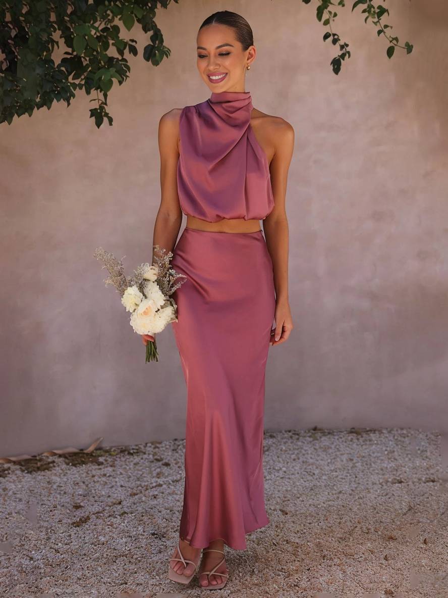 EB | Kleid Gäste Hochzeit Damen Halter Ärmellos Damen Elegante Abend Zweiteilige Brautjungfernkleid
