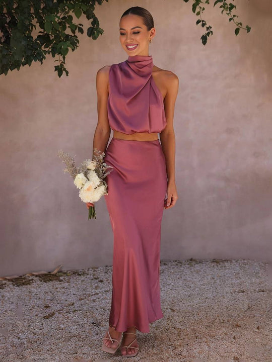 EB | Kleid Gäste Hochzeit Damen Halter Ärmellos Damen Elegante Abend Zweiteilige Brautjungfernkleid