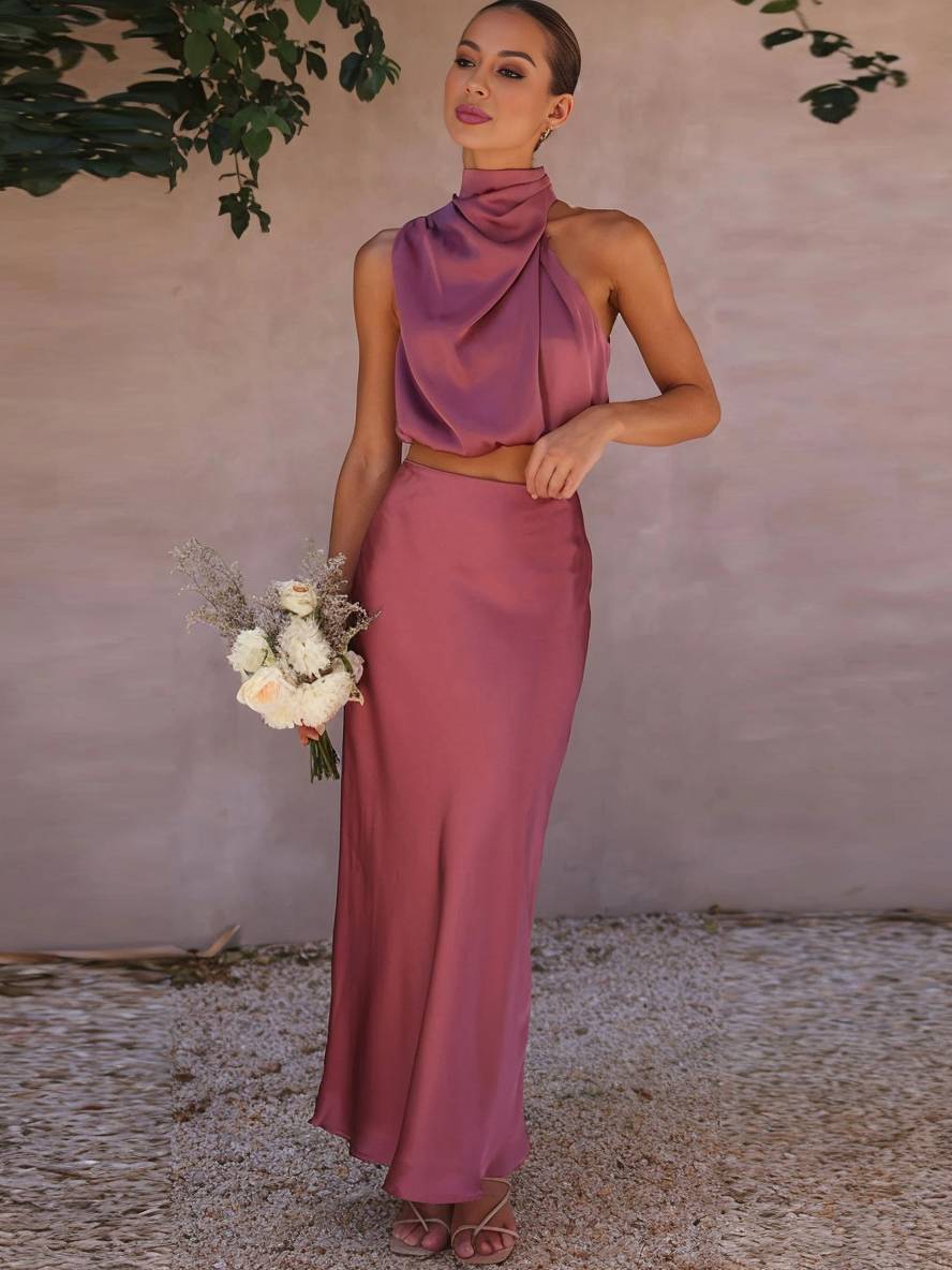 EB | Kleid Gäste Hochzeit Damen Halter Ärmellos Damen Elegante Abend Zweiteilige Brautjungfernkleid