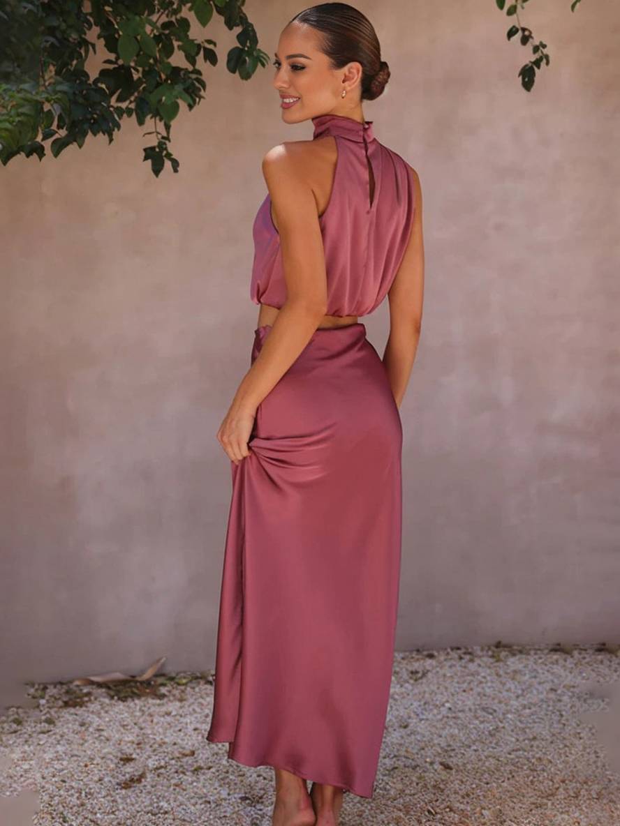 EB | Kleid Gäste Hochzeit Damen Halter Ärmellos Damen Elegante Abend Zweiteilige Brautjungfernkleid