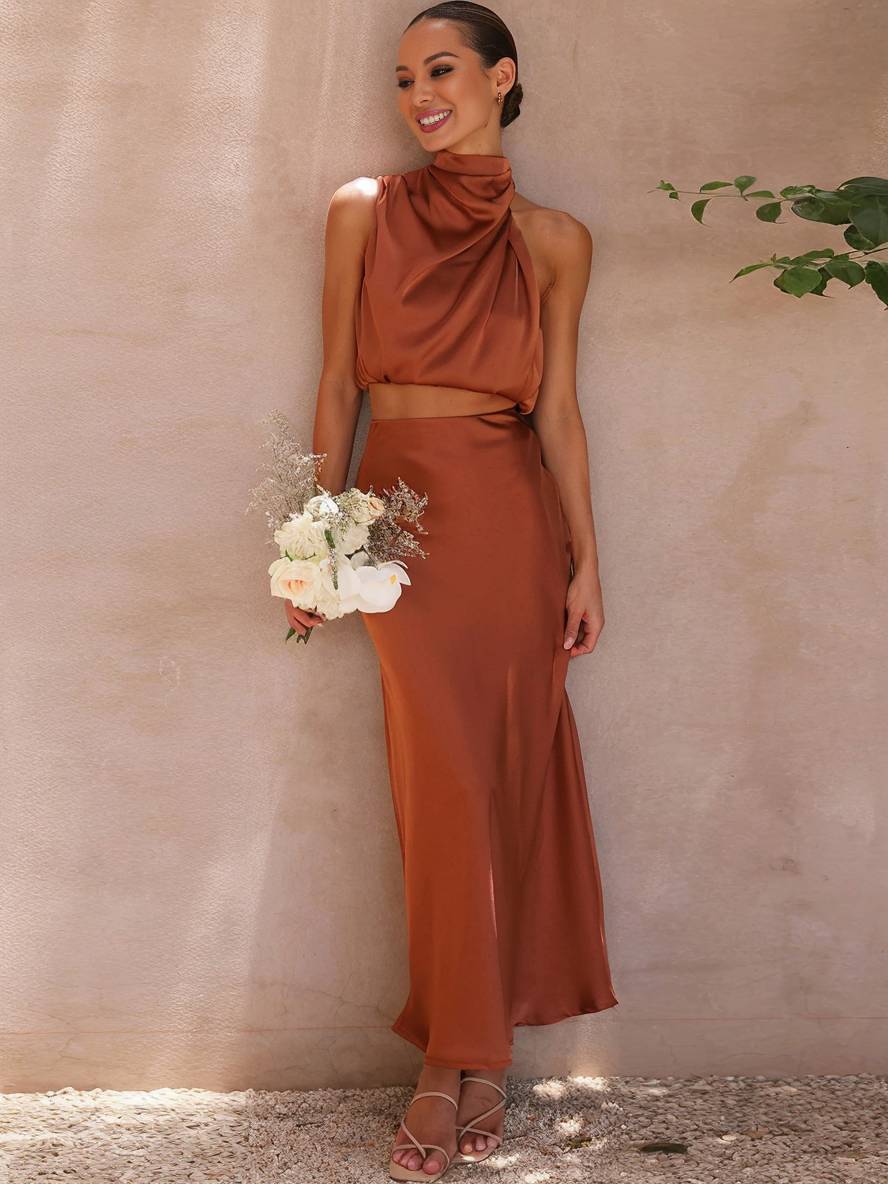 EB | Kleid Gäste Hochzeit Damen Halter Ärmellos Damen Elegante Abend Zweiteilige Brautjungfernkleid