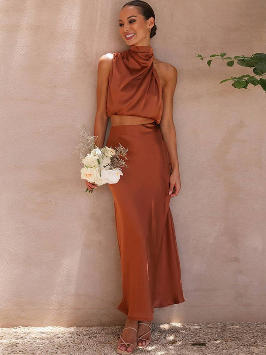 EB | Kleid Gäste Hochzeit Damen Halter Ärmellos Damen Elegante Abend Zweiteilige Brautjungfernkleid