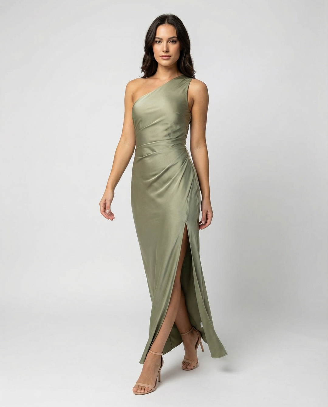 EB | Kleid Brautjungfer aus Satin Eng mit Schlitz An Der Seite Eine Schulter Ohne Ärmel Elegantes Abendkleid für Hochzeit