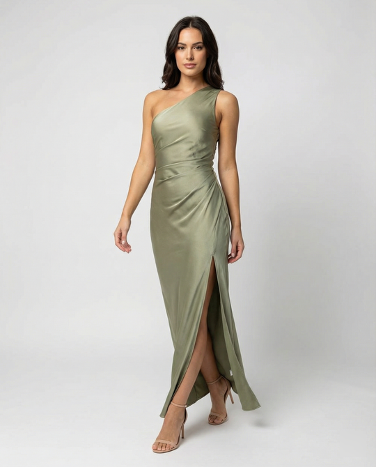 EB | Kleid Brautjungfer aus Satin Eng mit Schlitz An Der Seite Eine Schulter Ohne Ärmel Elegantes Abendkleid für Hochzeit