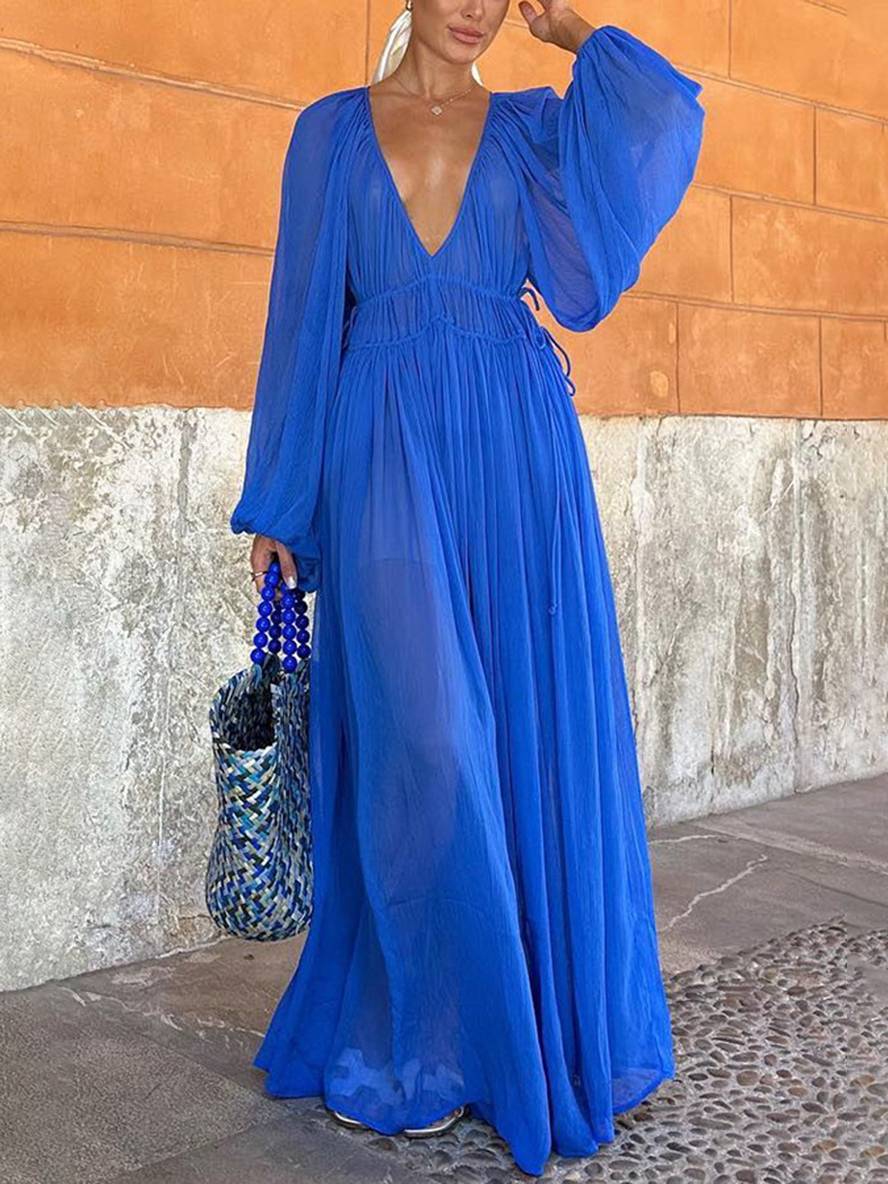 EB | Lange Chiffonkleid mit Tiefem Ausschnitt Langärmelig für Frauen Lässig Weit Strand