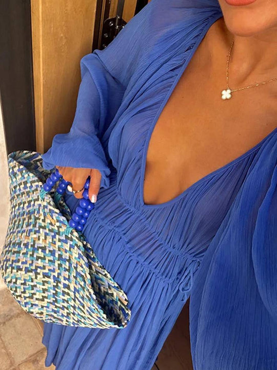 EB | Lange Chiffonkleid mit Tiefem Ausschnitt Langärmelig für Frauen Lässig Weit Strand