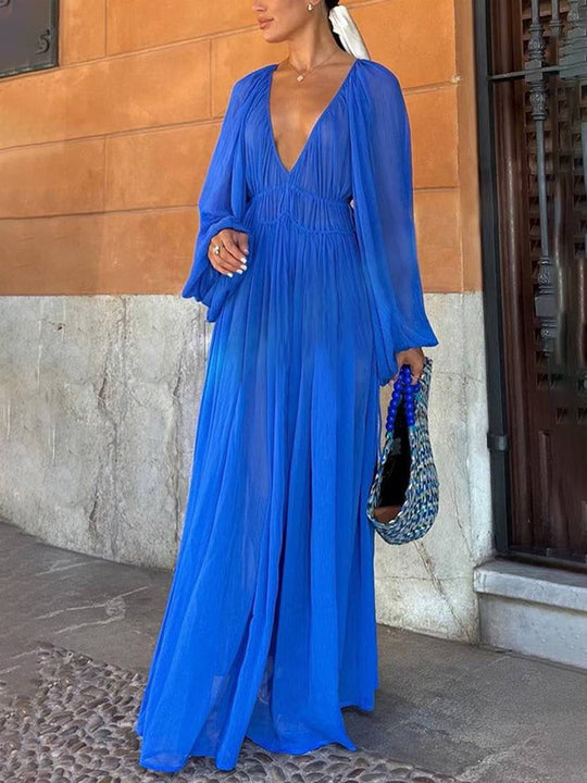 EB | Lange Chiffonkleid mit Tiefem Ausschnitt Langärmelig für Frauen Lässig Weit Strand