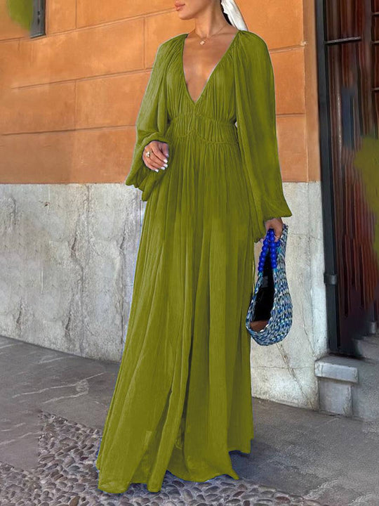 EB | Lange Chiffonkleid mit Tiefem Ausschnitt Langärmelig für Frauen Lässig Weit Strand