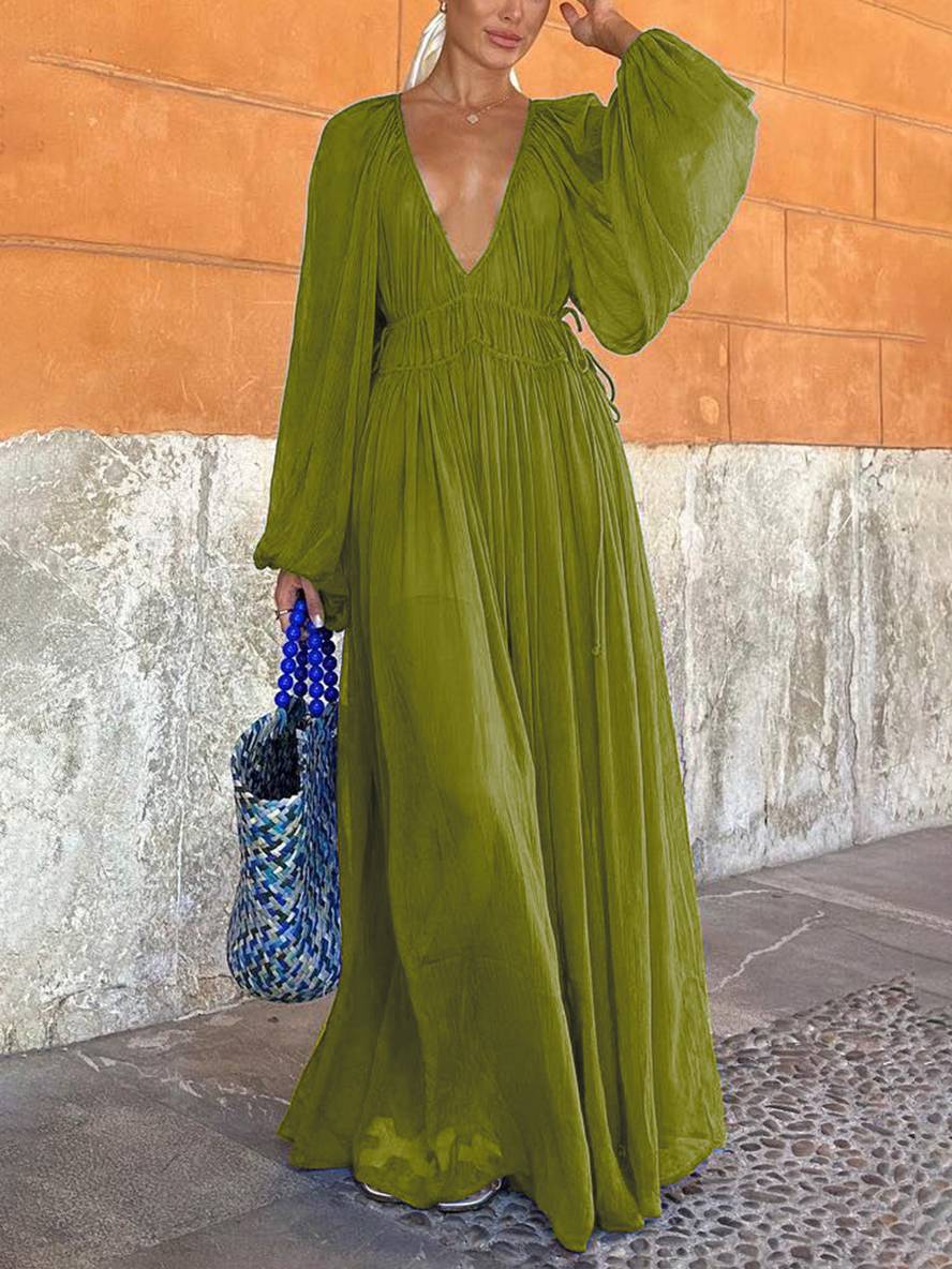 EB | Lange Chiffonkleid mit Tiefem Ausschnitt Langärmelig für Frauen Lässig Weit Strand