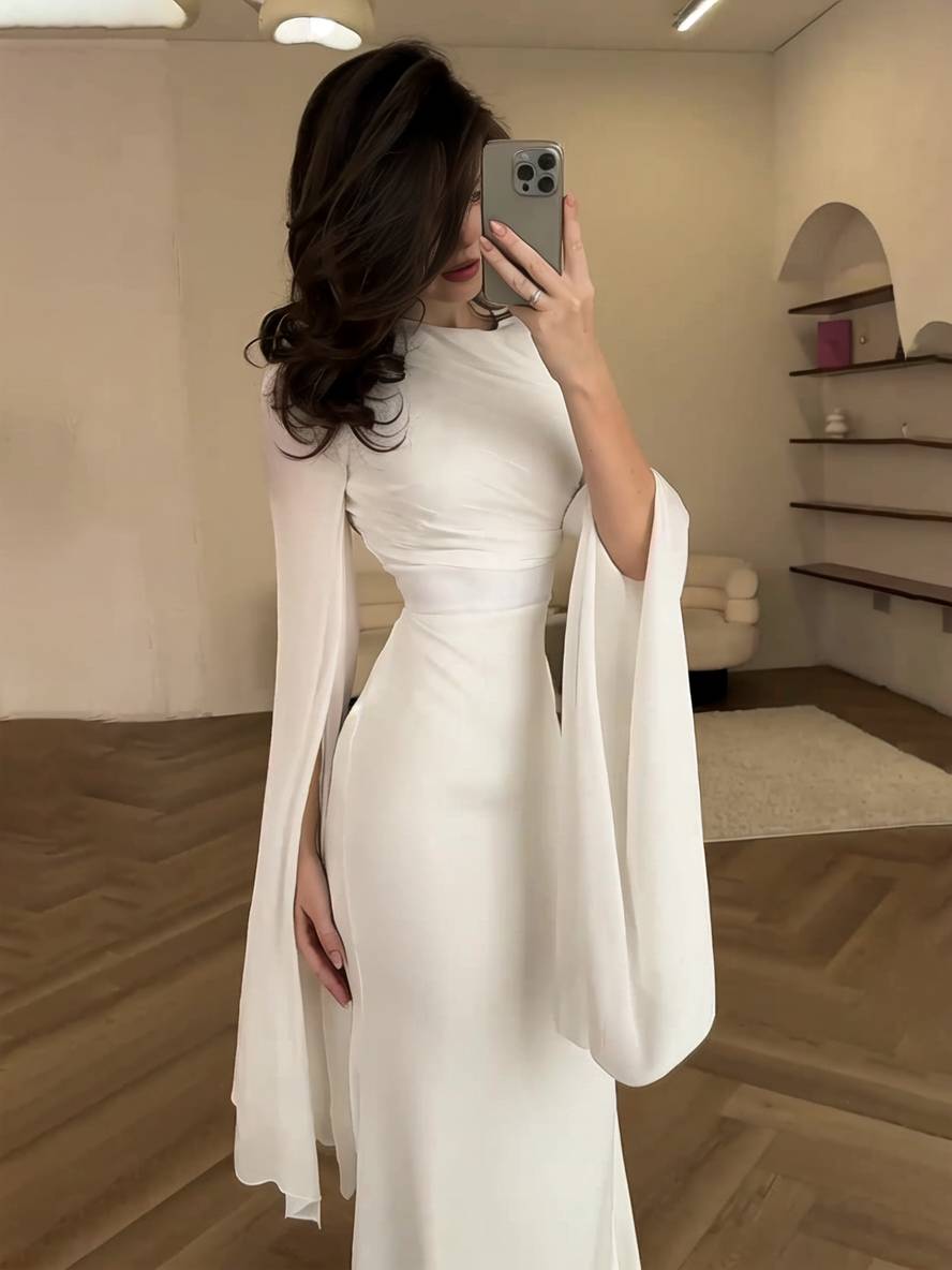 EB | Langes Satin Kleid Enger Runder Ausschnitt Gesplittete Ärmel Lange Ärmel Damen Elegant Abend Ball Prom Zeremonie