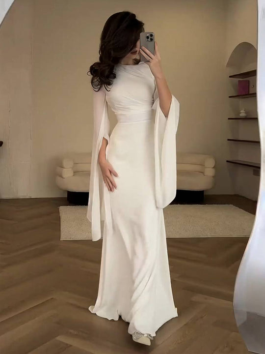 EB | Langes Satin Kleid Enger Runder Ausschnitt Gesplittete Ärmel Lange Ärmel Damen Elegant Abend Ball Prom Zeremonie