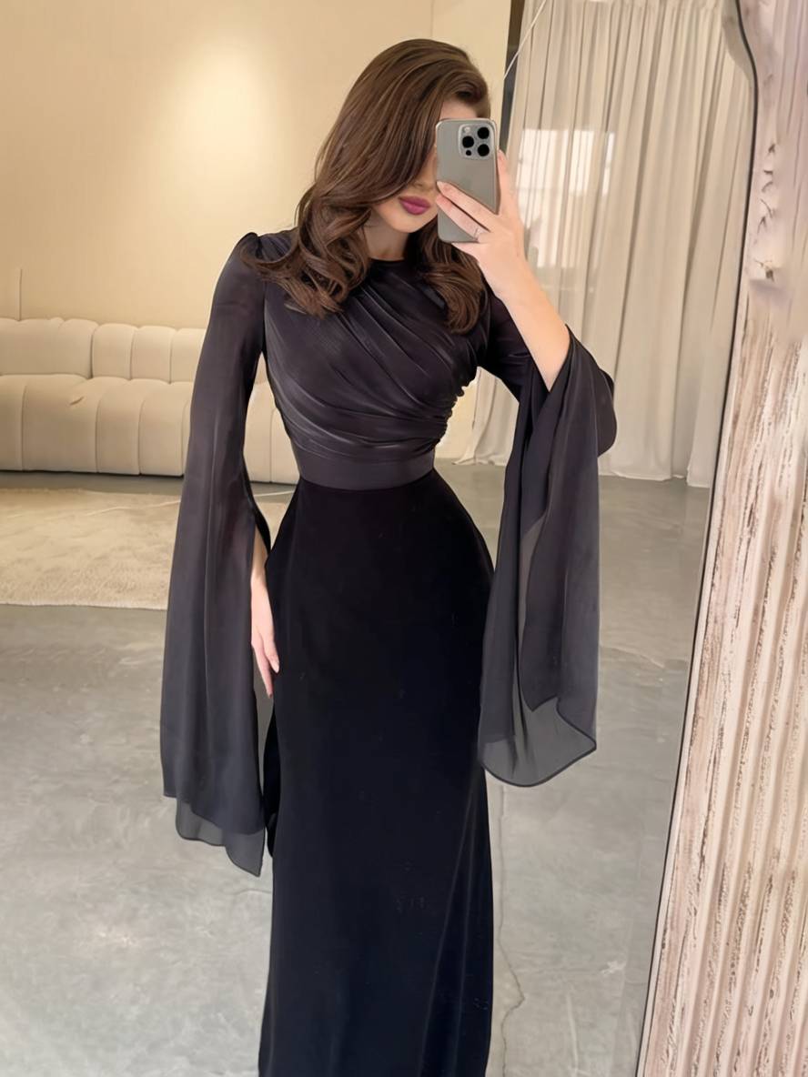 EB | Langes Satin Kleid Enger Runder Ausschnitt Gesplittete Ärmel Lange Ärmel Damen Elegant Abend Ball Prom Zeremonie